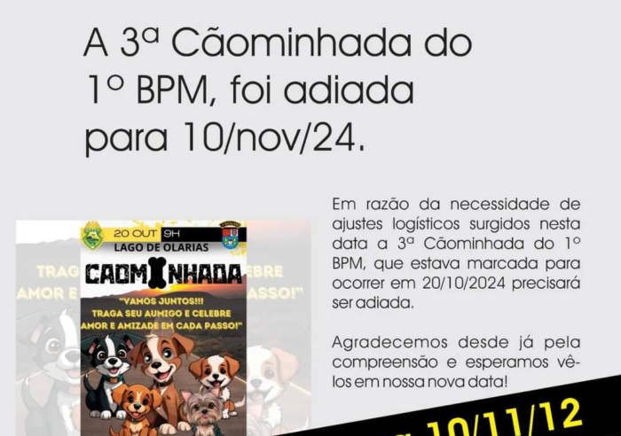 🐾 CONVITE DO 1º BPM PARA A 1ª CÃOMINHADA NESTE DOMINGO DIA 10 🐾