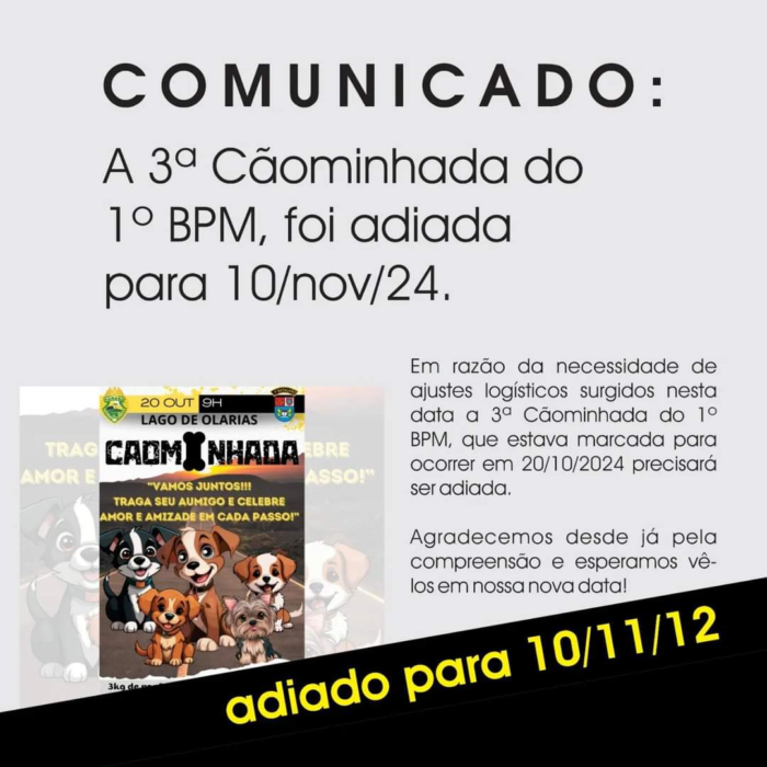 🐾 CONVITE DO 1º BPM PARA A 1ª CÃOMINHADA NESTE DOMINGO DIA 10 🐾
