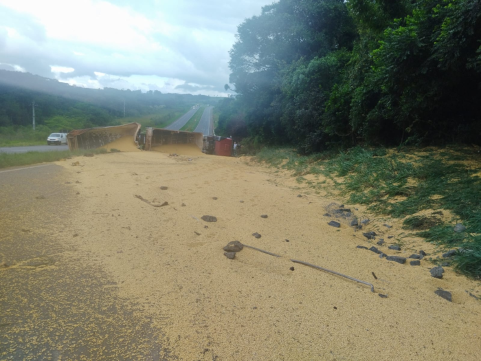 TOMBAMENTO DE CAMINHÃO COM DERRAMAMENTO DE SOJA INTERDITA BR-376 ; MOTORISTA É FLAGRADO EMBRIAGADO