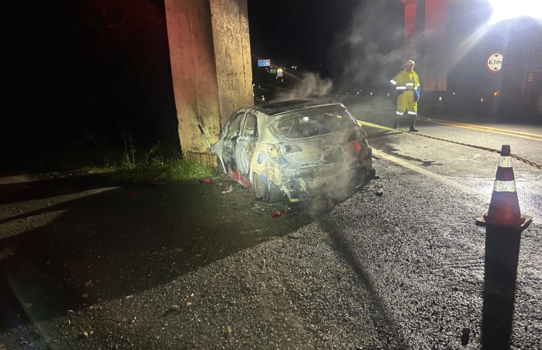 TRAGÉDIA COM MORTE NA BR-277: VEÍCULO COLIDE EM PILAR DE VIADUTO E PEGA FOGO