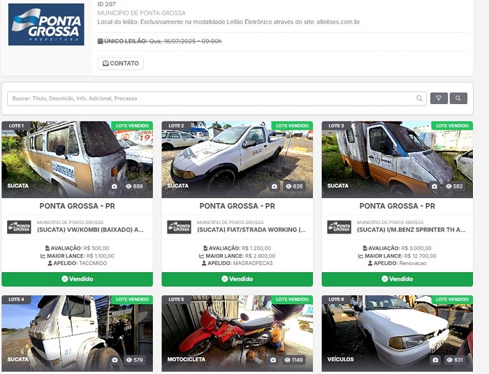 LEILÃO DE INSERVÍVEIS DA PREFEITURA ARRECADA MAIS DE R$ 1,6 MILHÃO