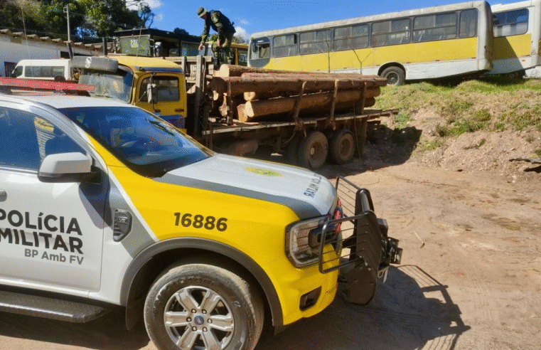 CRIME AMBIENTAL : CAMINHÃO É APREENDIDO COM TORAS DE ARAUCÁRIA