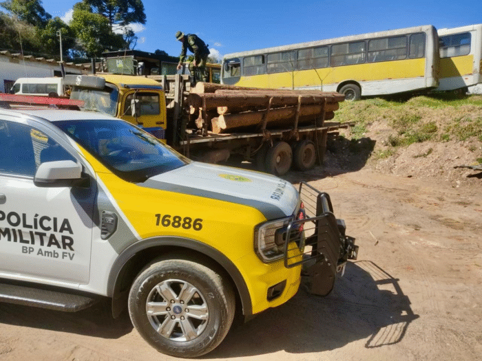 CRIME AMBIENTAL : CAMINHÃO É APREENDIDO COM TORAS DE ARAUCÁRIA