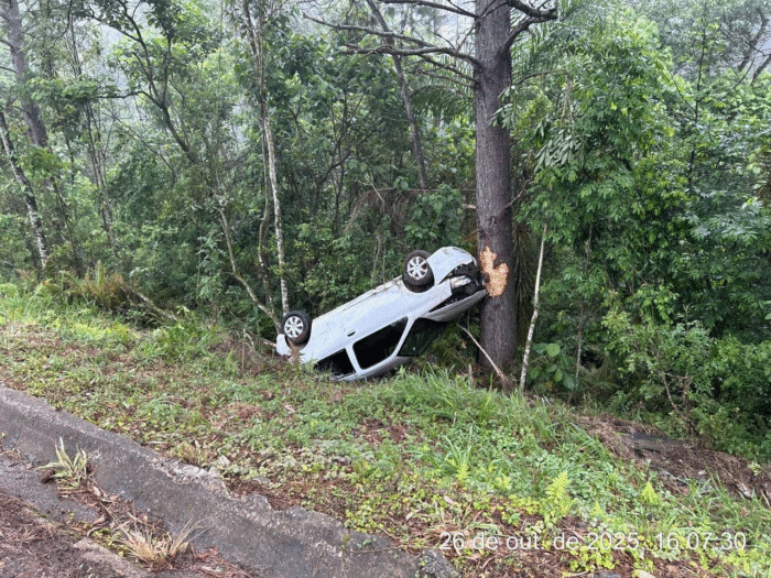 MULHER FICA FERIDA APÓS CARRO CAPOTAR E BATER EM ÁRVORE NA PR-160