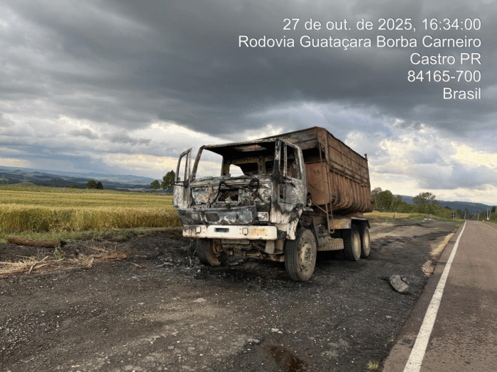CAMINHÃO PEGA FOGO NA PR-340 EM CASTRO