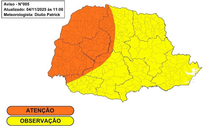 SIMEPAR EMITE ALERTA PARA A POSSIBILIDADE DE TEMPORAIS NO PARANÁ